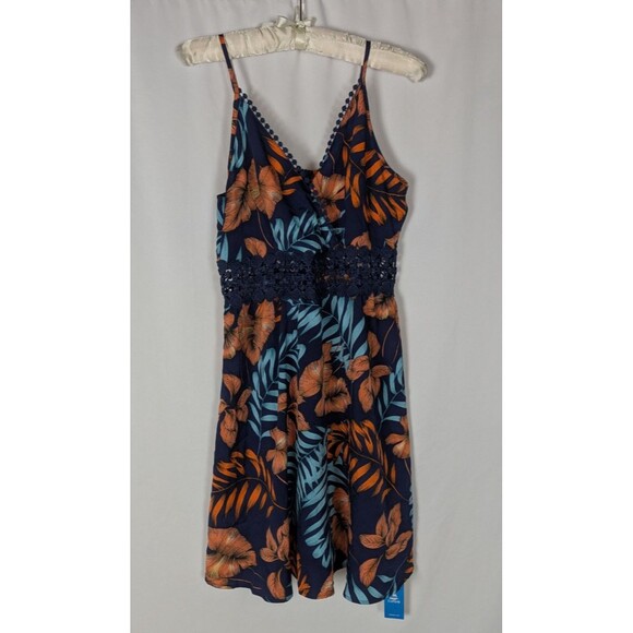 Cupshe Dress M Women's Blue Tropical Vneck Sleeveless Crochet A Line Mini Woven - Picture 2 of 9